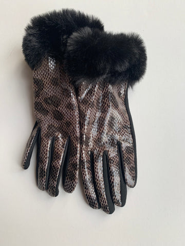 Black and Brown Snakeprint Gloves with Fur Trim