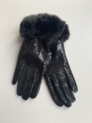 Black Snakeprint Gloves with Fur Trim